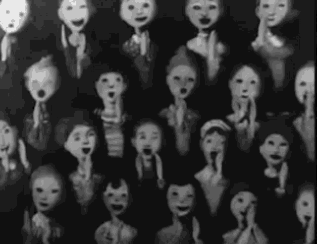 a group of people with masks on their faces are standing in a line .