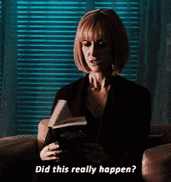 a woman sitting in a chair reading a book with the words did this really happen below her