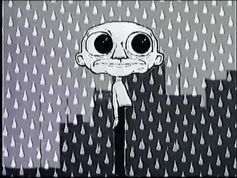 a black and white cartoon of a man standing in the rain