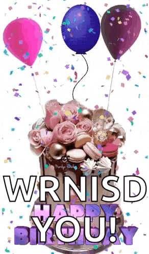 a birthday cake with balloons and confetti and the words `` wrnisd happy birthday ''