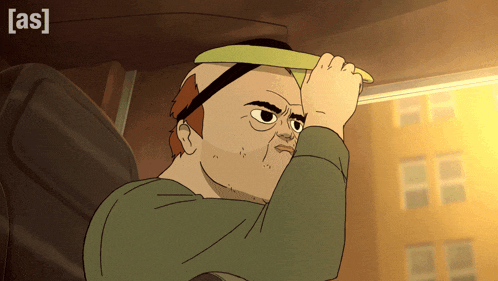 a cartoon of a bald man holding a yellow object with the letters a and s on the bottom