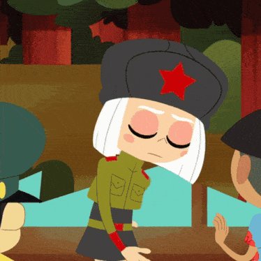 a cartoon character wearing a hat with a red star