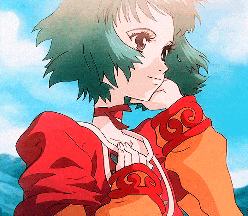 a drawing of a girl with green hair and a red jacket