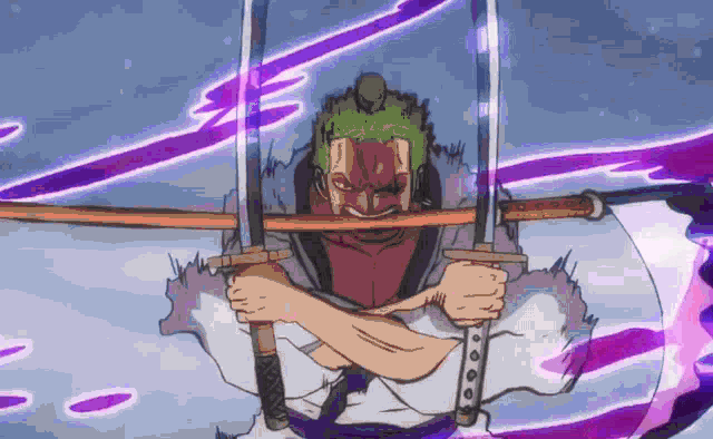 roronoa zoro is holding two swords in his hands .