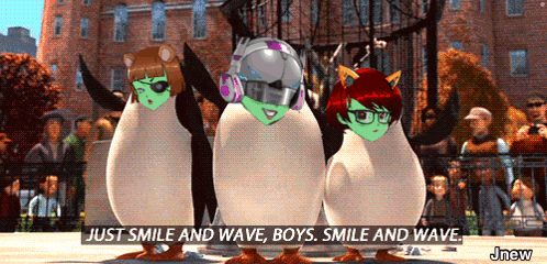 three penguins are standing next to each other with the words just smile and wave boys smile and wave