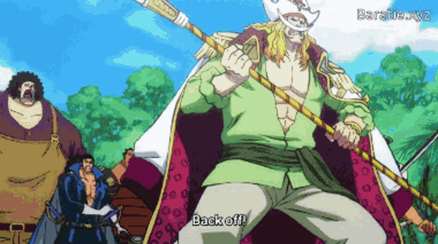 a cartoon of a man holding a spear with the words " back off " on the bottom
