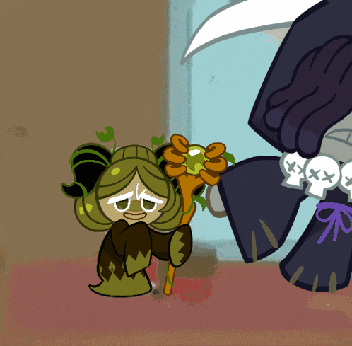 a cartoon drawing of a girl holding a flower and a sword
