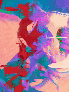 a colorful painting of a person 's face with a red s on the bottom