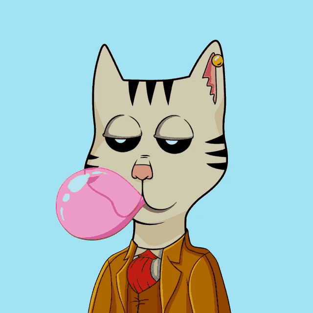 a cat wearing a suit and tie blowing a pink bubble gum