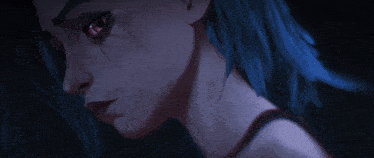 a close up of a woman 's face with red eyes and blue hair