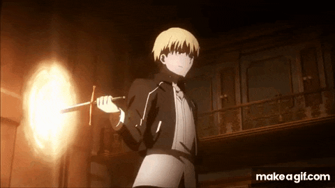 a man in a suit is holding a sword in his hand in a dark room .