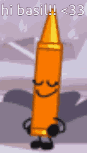 a cartoon bullet with arms and legs is smiling and says hi basil < 33
