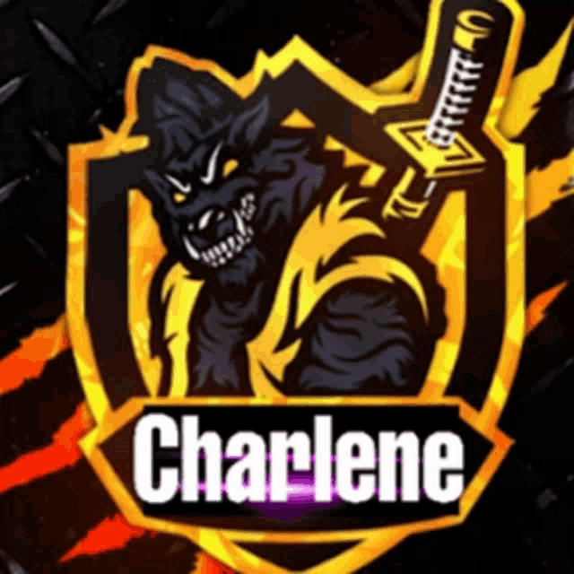 a logo for charlene shows a werewolf with a sword