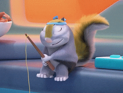 a cartoon squirrel is holding a fishing rod and wearing a headband