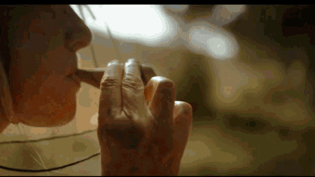 a close up of a person smoking a cigarette with a blurry background