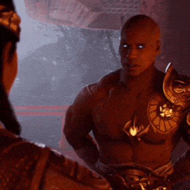 a man with blue eyes is talking to another man in a video game