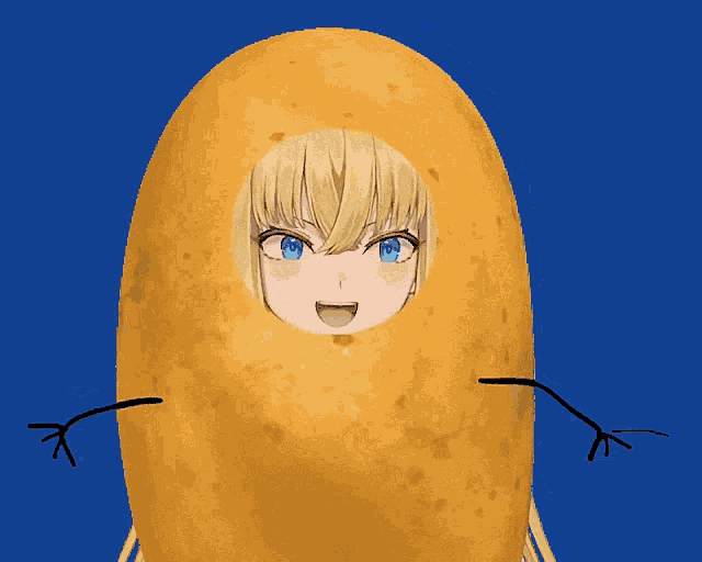 a girl with blonde hair and blue eyes is in a potato with arms