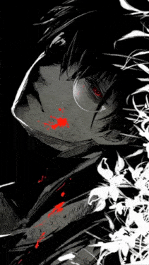 a black and white drawing of a boy with red eyes and blood on his face surrounded by white flowers .
