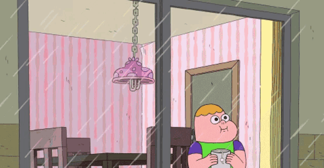 a cartoon of a man holding a cup in front of a window