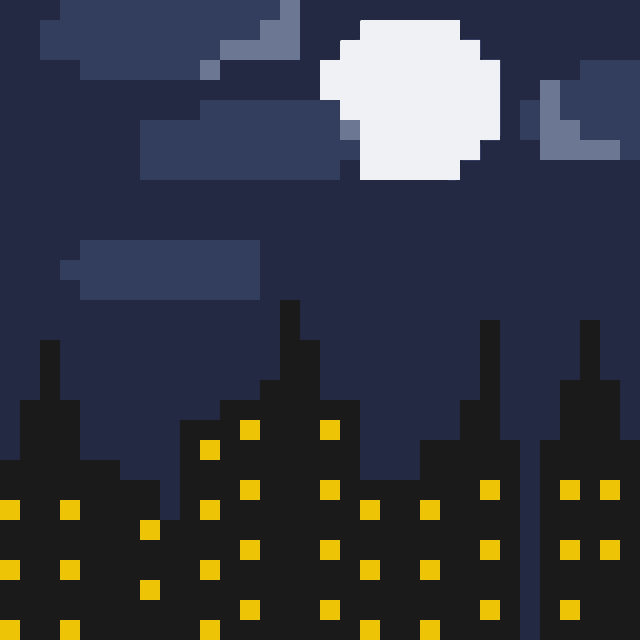 a pixel art of a full moon rising over a city