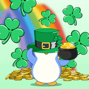 a penguin wearing a green hat is holding a pot of gold