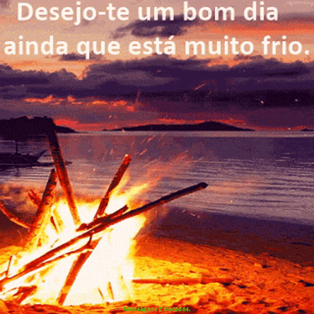 a picture of a fire on a beach with the words desejo-te um bom dia ainda que está muito frio