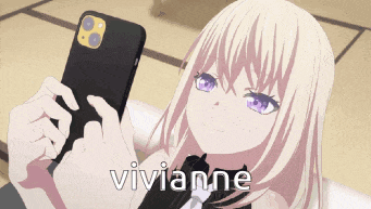 a blonde anime girl taking a selfie with the name vivianne on the bottom right