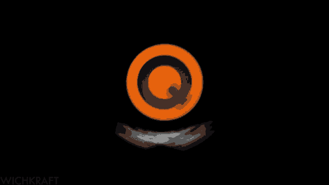 an orange circle with a black circle in the middle on a black background with the word wichkraft below it