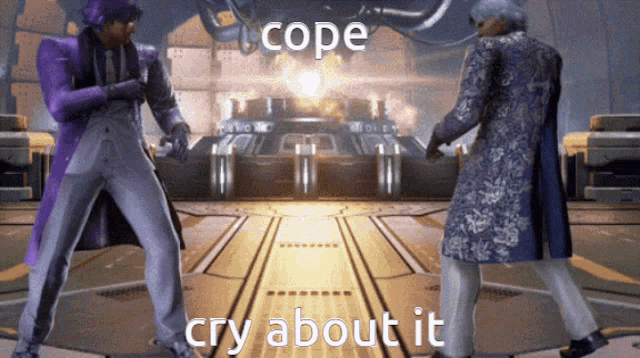 a video game scene with the words cope cry about it
