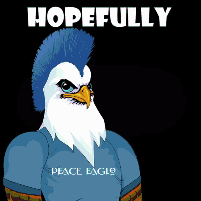 a bald eagle with a mohawk and a peace eagle shirt
