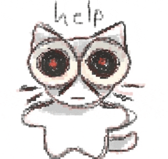 a drawing of a cat with big eyes and the word help written below it