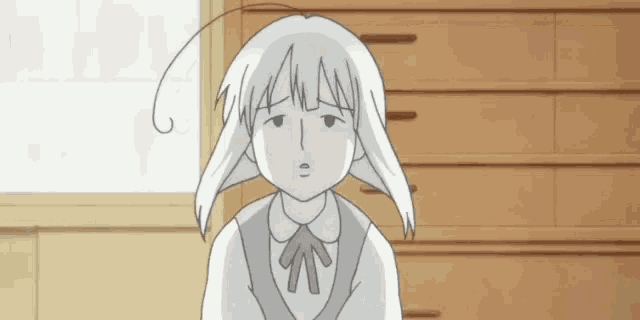 a black and white drawing of a girl with white hair and a bow tie