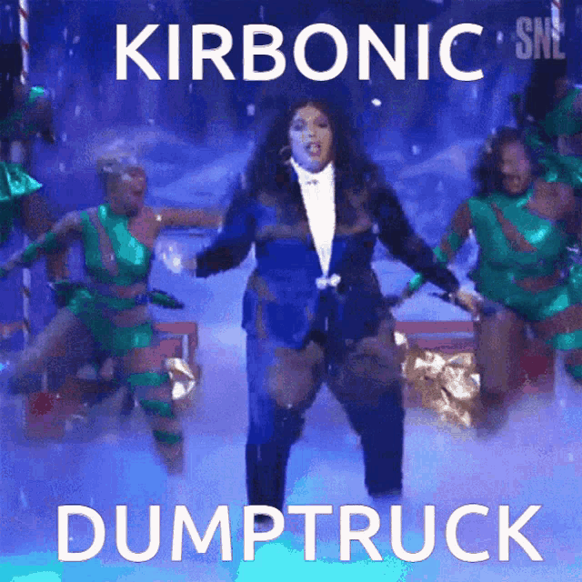 a cartoon of a woman dancing with the words kirbonic dumptruck written above her