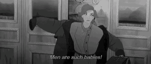 a black and white cartoon of a woman saying `` men are such babies ''