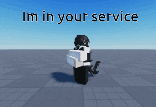 a cartoon character is standing in front of a blue sky and says " im in your service "