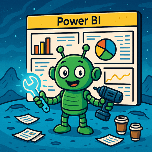 a cartoon illustration of a green robot holding a wrench and a drill