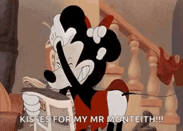 a cartoon of minnie mouse holding a newspaper and saying `` kisses for my mr monteith !!! ''