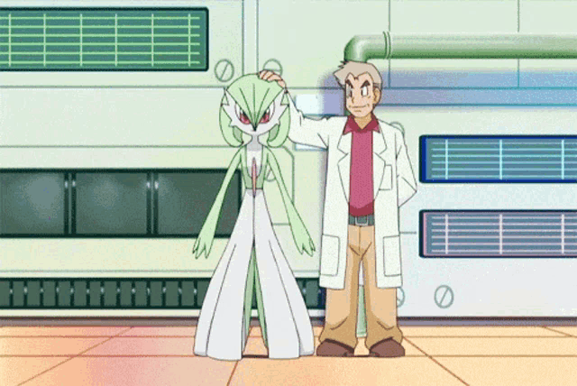 a man in a white coat stands next to a cartoon character