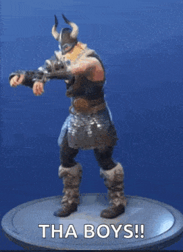 a cartoon of a viking dancing with the words tha boys written below him