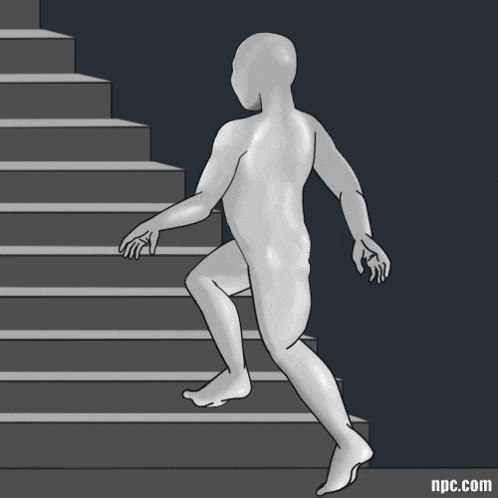 a drawing of a person walking up a set of stairs with the website npc.com below it