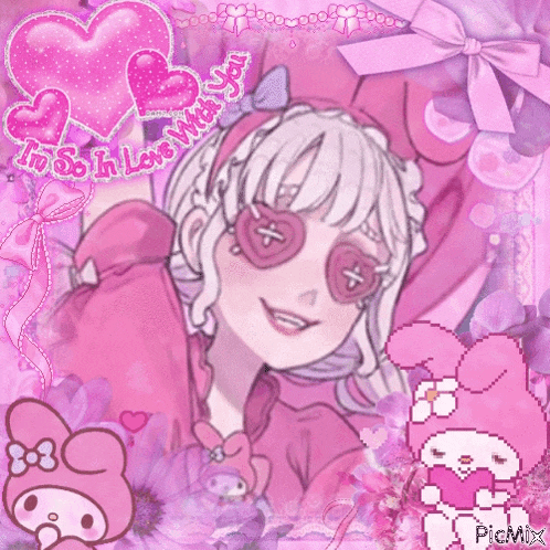 a pixel art of a girl wearing pink glasses and a headband that says i 'm so in love with you