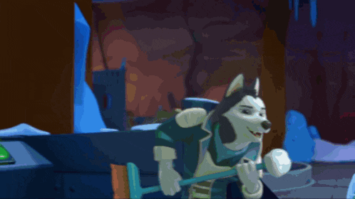 a cartoon of a husky dog holding a stick
