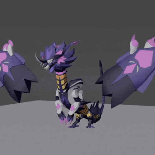 a 3d model of a purple and white dragon with wings