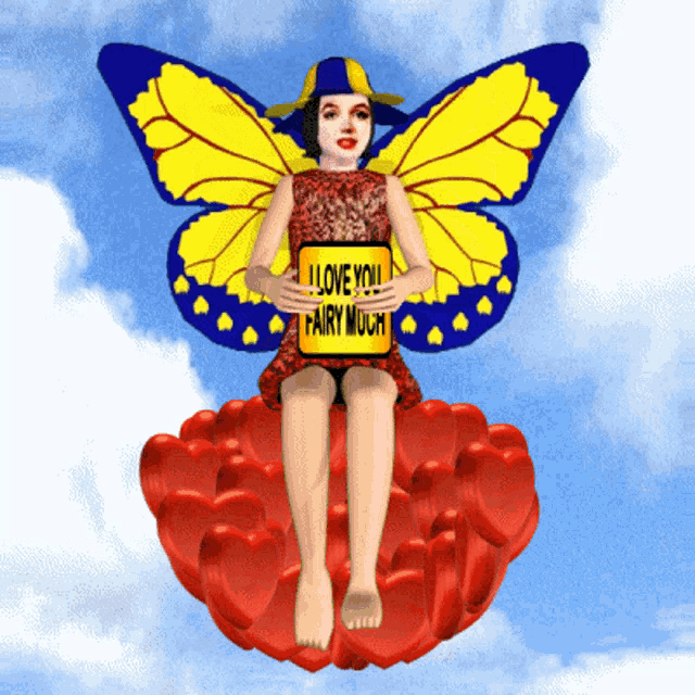 a fairy is sitting on a pile of red hearts holding a sign that says i love you fairy much