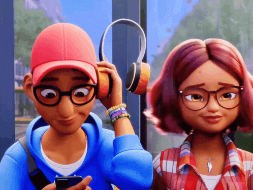 a boy wearing headphones looks at his phone next to a girl with pink hair