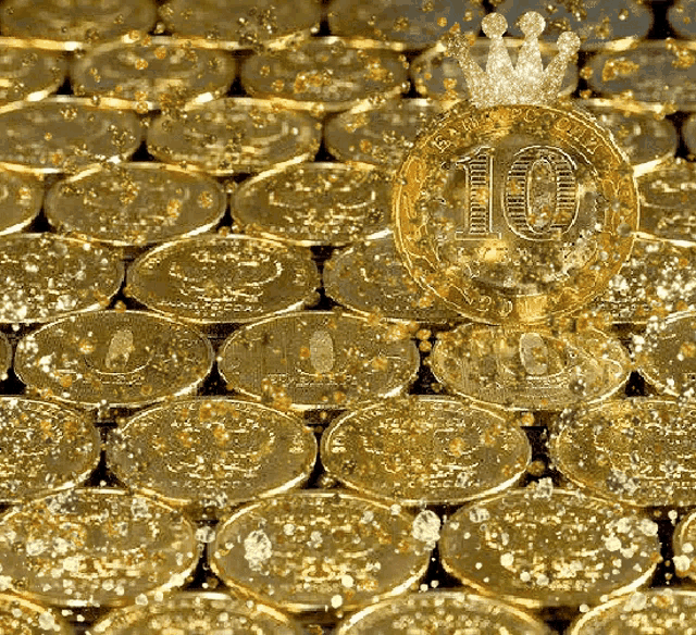 a gold coin with the number 10 on it is surrounded by gold coins