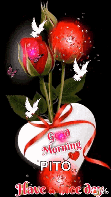 a bouquet of roses in a heart shaped vase with the words `` good morning pito `` written on it .