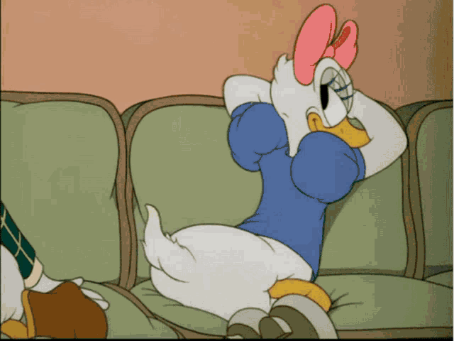 a cartoon of daisy duck sitting on a couch with her eyes closed
