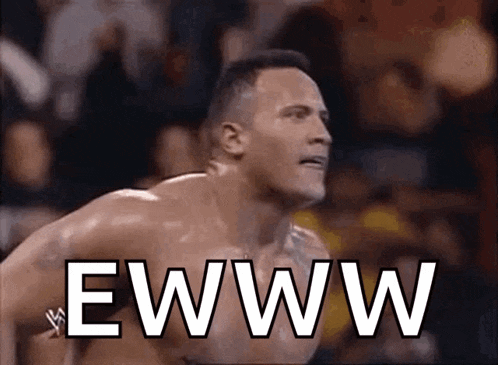 a man without a shirt is jumping in the air with the words ewww written on the screen .