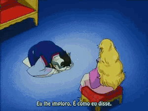 a cartoon shows a man kneeling down and a woman sitting on a stool with eu the imploro e como eu disse